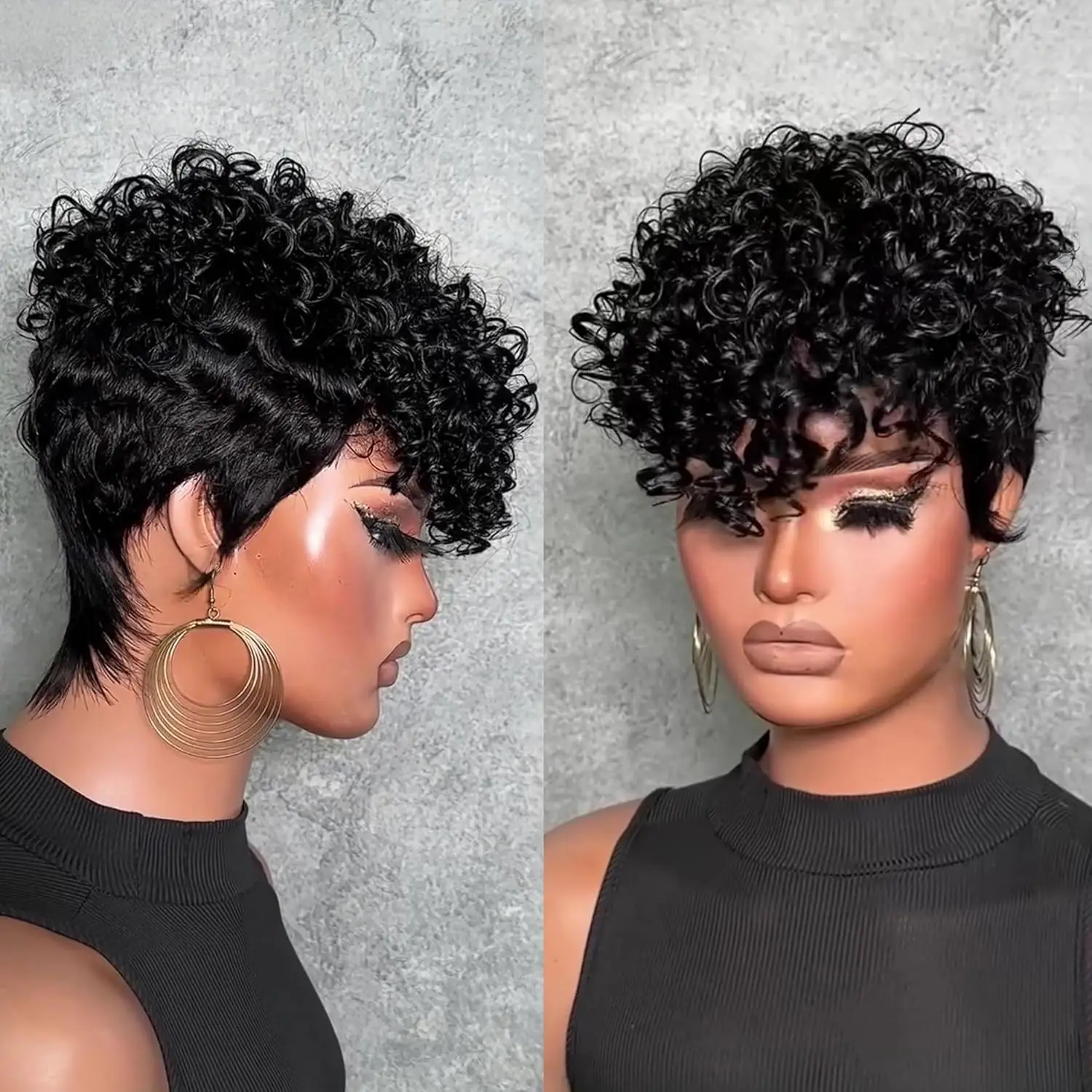 곱슬 웨이브 짧은 픽시컷 가발 여성용 인모 풀머신 메이드 가발 부드럽고 통기성 좋은 로즈 네트 캡