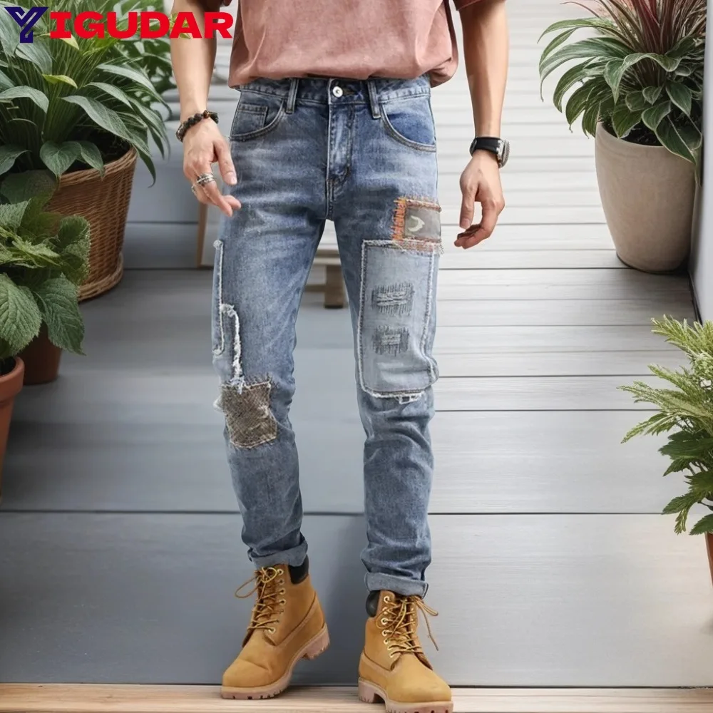 Jeans Men Fashion Splicing Streetwear Male Wear Ripped Hole Skinny Jeans Denim Trousers Cargo Pants y2k Streetwear Mens Trousers