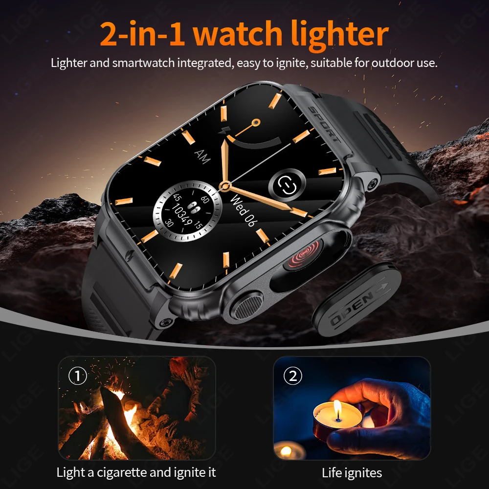 LIGE 2025 For Huawei Xiaomi Military Electronic Lighter Smartwatch 500mAh Battery Outdoor Sport Tracker Bluetooth Call Men Watch