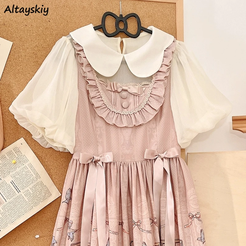 

Lovely Blouses Women Summer Soft Pure Gentle Peter Pan Collar Chic Lolita Style Aesthetic New Puff Sleeve Breathable Pretty Tops