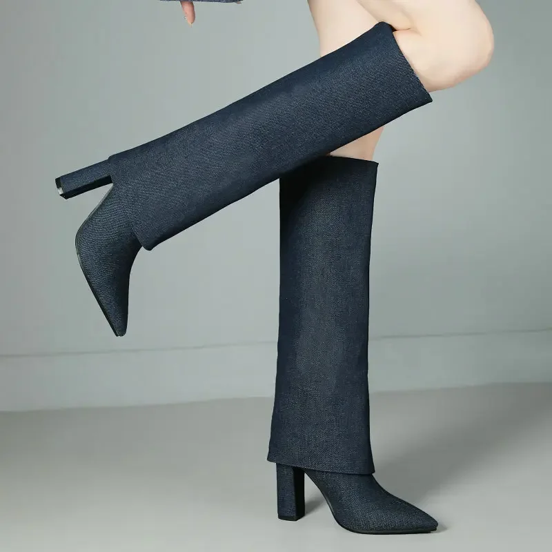 

2024 Luxury Mature Denim Jeans Boots Folded Straight Shaft Tube Pointed Toe Block High Heeled Women Shoes Winter Knee-high Boots