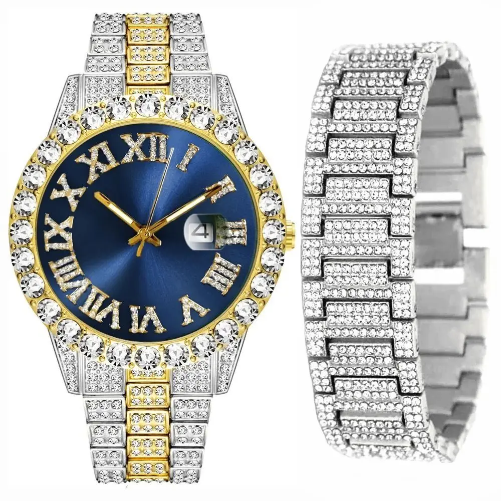 Luxury Waterproof Iced Out Quartz Wristwatch with Calendar Function and Hip Hop Style Design