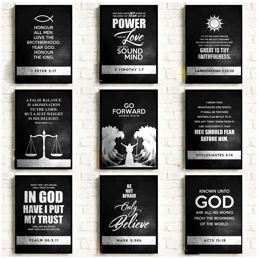 Modern Inspirational Quotes Black and Silver Poster and Print Religion God Text Wall Art Canvas Painting Home Room Decoration