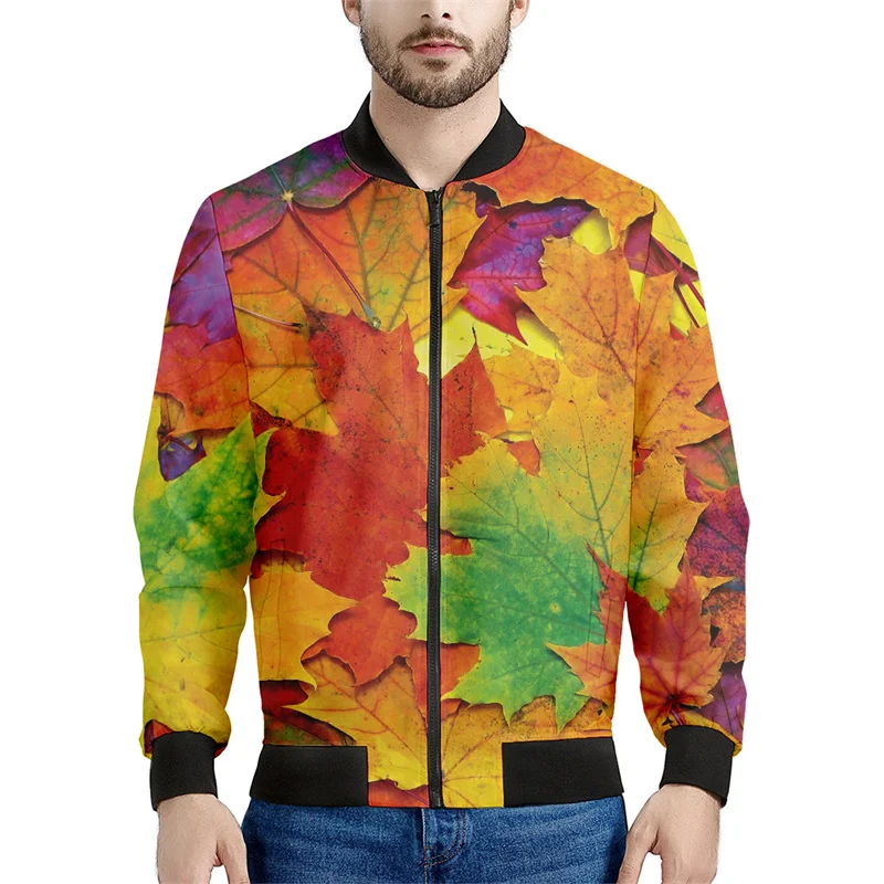 thumbnail image 1 of Chaqueta bomber con estampado de hojas de arce de Canadá para hombre, sudadera de manga larga en 3D, chaqueta bomber con cremallera de gran tamaño y estilo urbano, 1 of 4