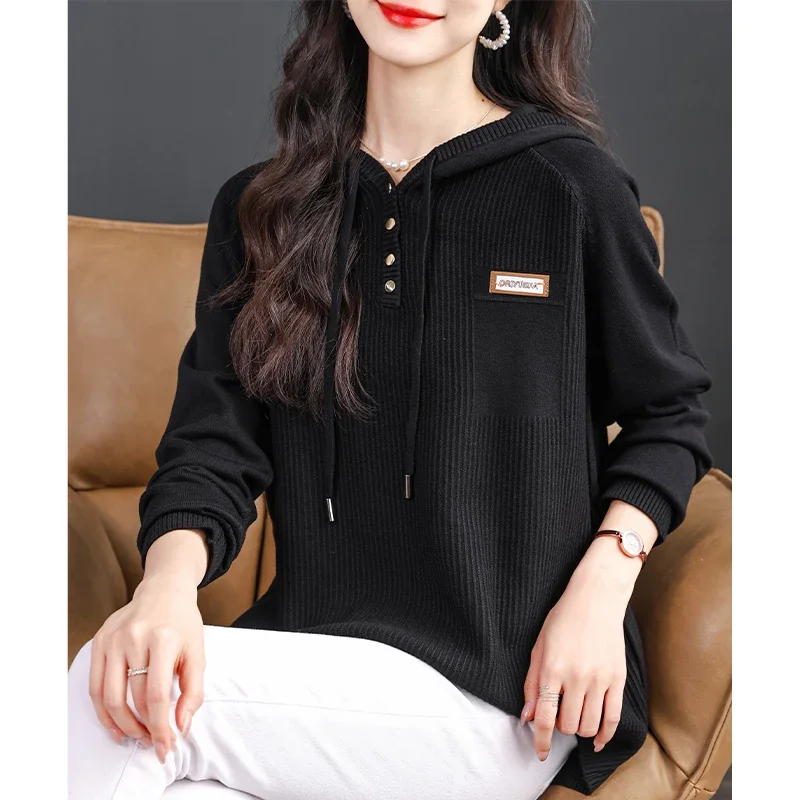 Autumn/winter drawstring hooded button-knit sweater sticker label, fake pockets loose casual long sleeve pit strip sweatshirt