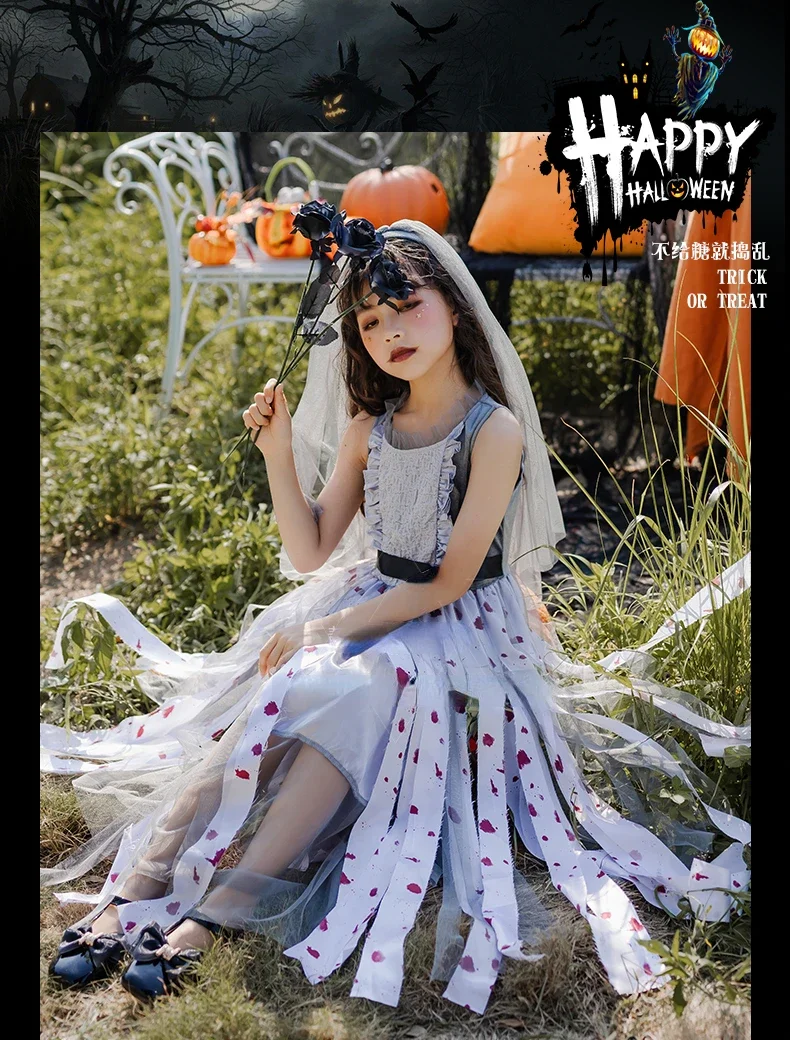 

Children's Clothing 2023 Halloween Costume Children's Ghost Bride COS Vampire Performance Costume Zombie Witch Long Dress