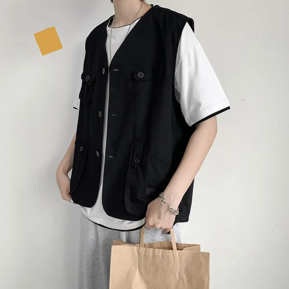 Description Picture 6 of itemSports Vest Coat Moisture-wicking Sports Vest Men's Collarless Sleeveless Cargo Waistcoat with Multi Pockets Buttons for Thin