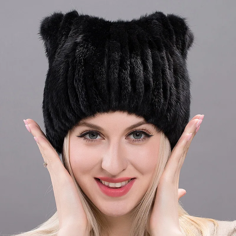 

Winter Simple Mink Hat Women's Mink Knitting Warm Hat Ear Protection Cat's Ears (Steamed Cat-ear Shaped Bread) Knitting Hat