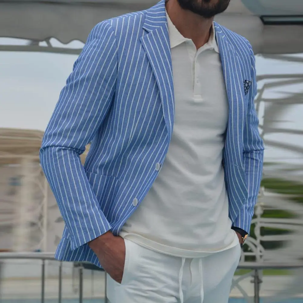 

Мужской деловой пиджак в полоску, Элегантный Приталенный пиджак с лацканами и карманами, тонкая дышащая Удобная стильная пуговица для делового костюма