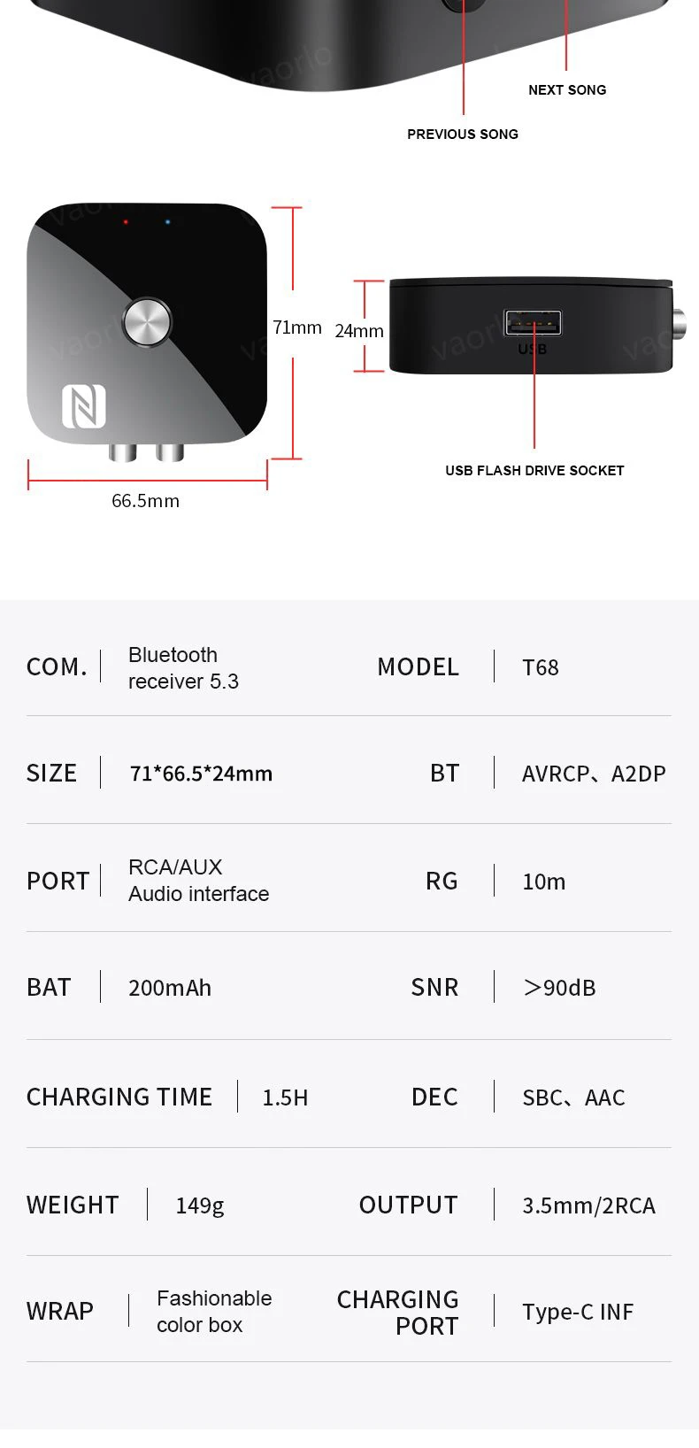 NFC Bluetooth 5.3 Audio Receiver 3.5mm AUX R/L RCA Stereo HIFI Music Wireless Ad