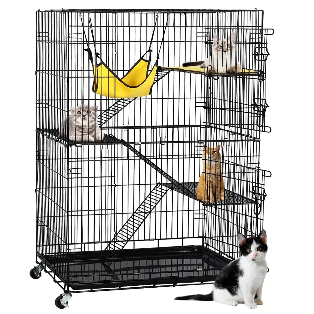 

4 Tiers Rolling Cat Cage Pet Cage With Hammock Free Shipping Black Playpen for Animals Large Cages Birdcage Cats Corral Supplies