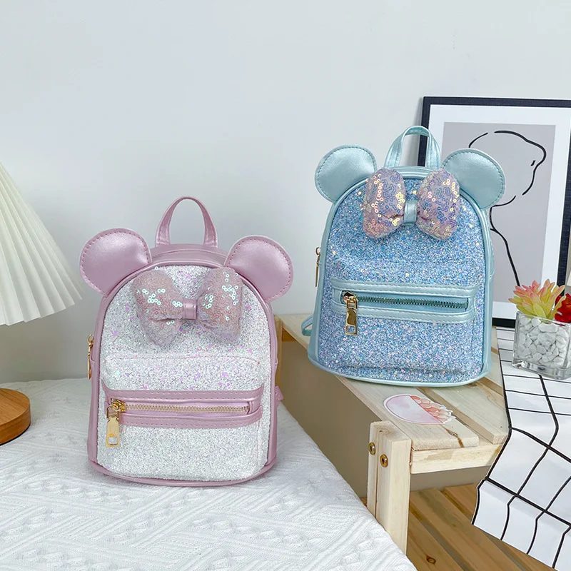 Disney Sequins Backpack Minnie Mouse Bow Fashion Glitter Backpacks Girls Kawaii PU Leather Travel Backpack Birthday Gifts 2