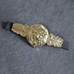 Golden Lion Head Women's Gold Elastic Exaggeration Belt with Metal Round Buckle - 65-88cm (Gold)