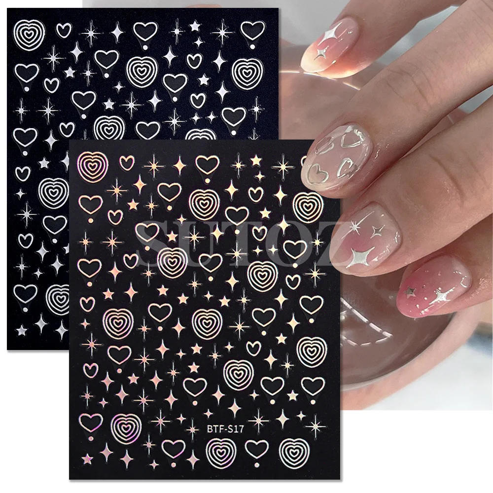 

1Pcs 3D Holographic Love Hearts Nail Stickers Gold Bronzing Stars Sliders Silver Chrome Nail Art DIY Manicure Decoration