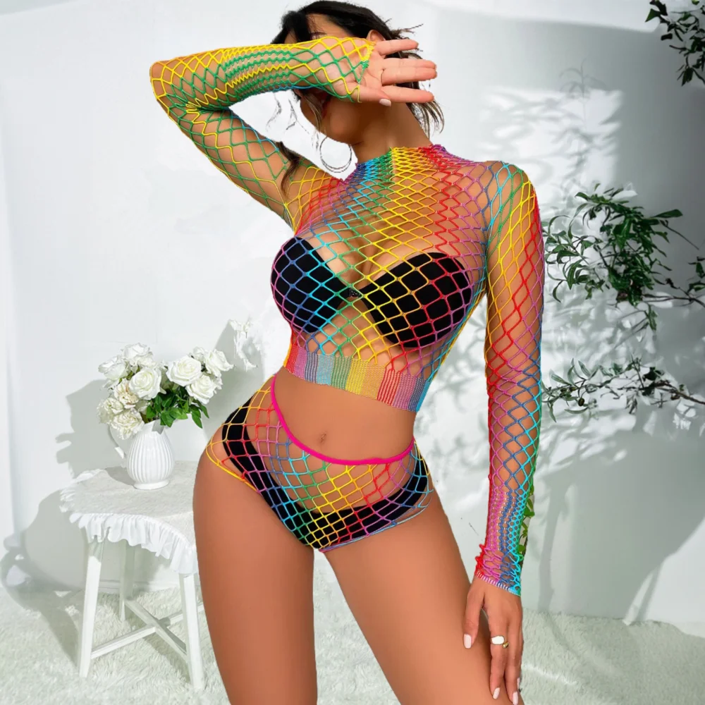 

2024 New Women 7 Styles Rainbow Color Body Suit Ladies Erotic Fishing Net Transparent Tight Lingerie Costumes Sexy Sleepwear