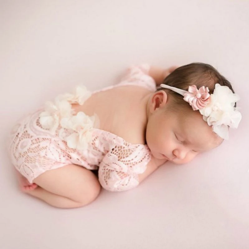 infant photoshoot Newborn Photography Props Costume Infants Lace Romper Jumpsuit+Pearl Headband Set Photo Shooting Accessories for Baby Girls newborn photography packages