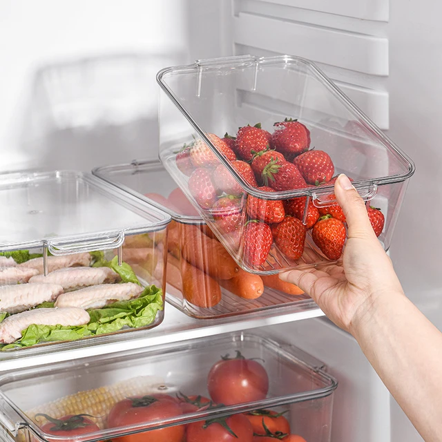 2-piece refrigerator storage cabinet organizer, stackable plastic clear food  storage bin with handles, suitable for pantries, refrigerators, freezers,  cabinets, and kitchen countertops.