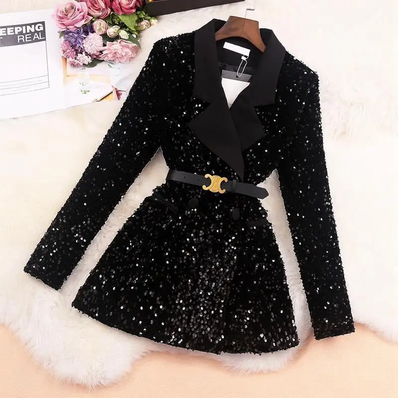 New Fashion Women Shiny Double-breasted Sequins Suit Jacket Female Cotton Coat Black Slim Fit Blazers Fall Clothes with Belt