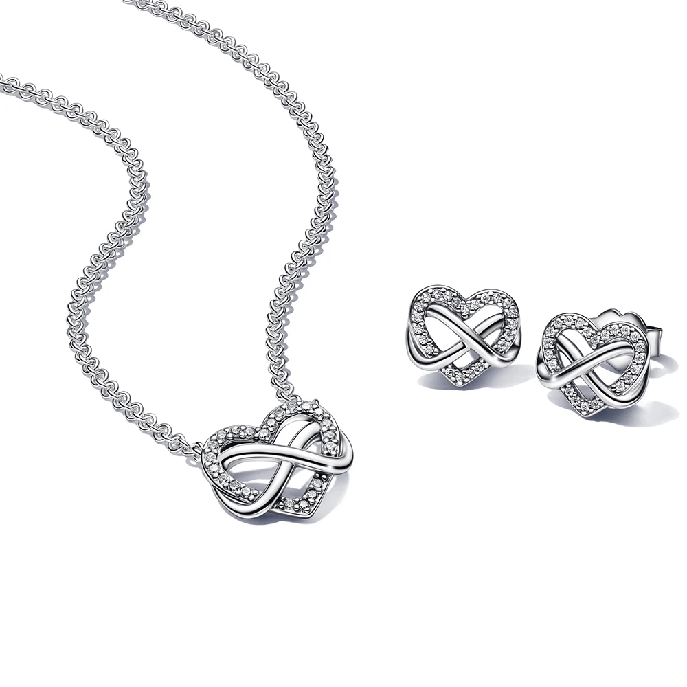 

IN STOCK 925 Sterling Silver Sparkling Infinity Heart Collier Necklace & Earring Jewelry Set for Women's Anniversary Gift