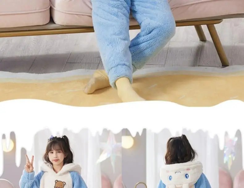 Cinnamoroll Pajama Kuromi Kawaii My Melody Cartoon Plus Velvet Thicken Hooded Tracksuit Girl Festival Gift