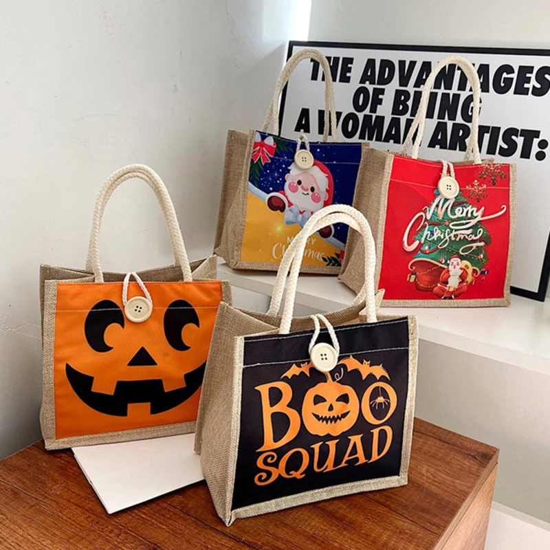

Хэллоуин, Льняная сумка с тыквой, окрашенные хлопковые мешки, джутовые портативные мешки для конфет, льняные сумки, семейный подарок, Рождественская сумка