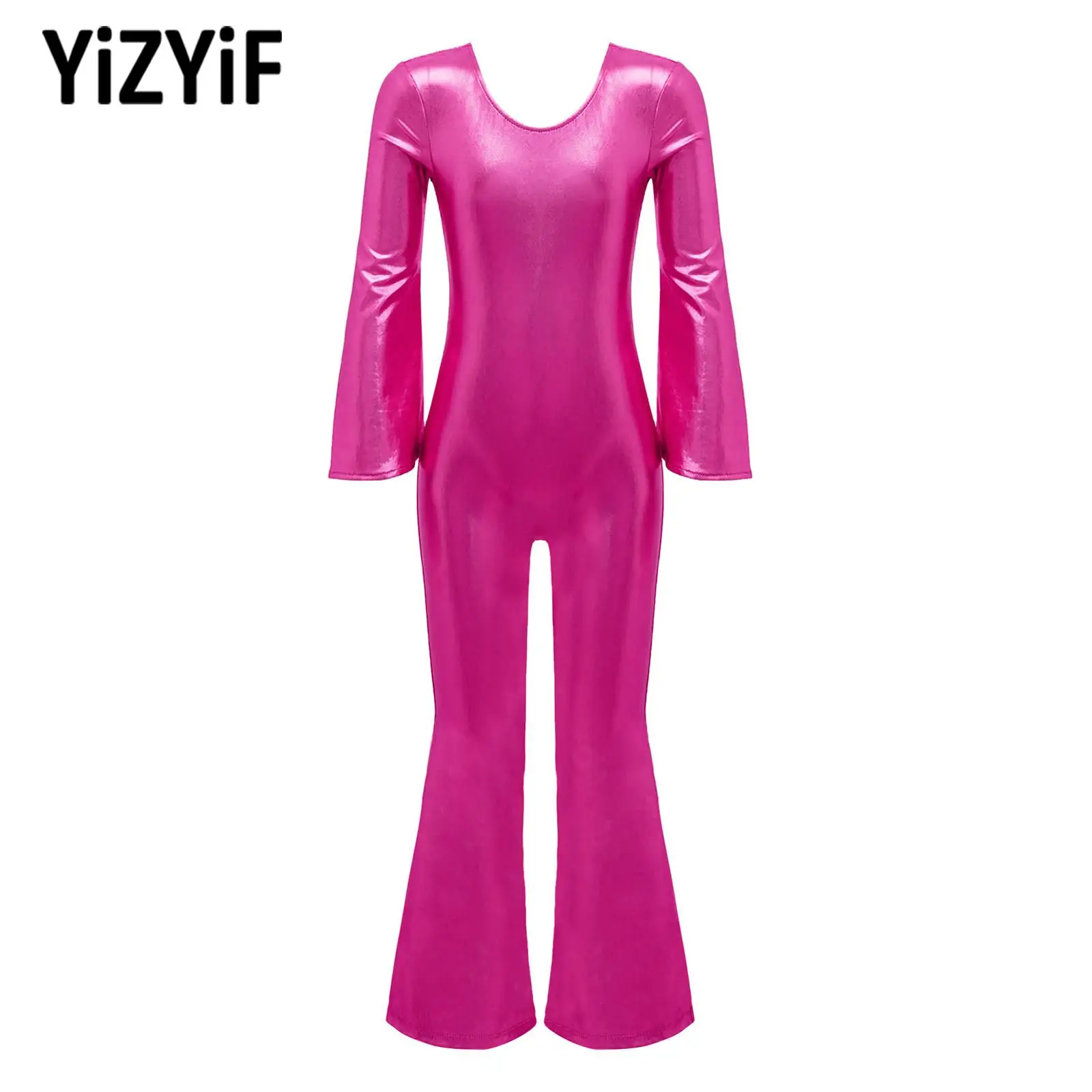 

Kids Girls Long Sleeve Back Zip Gymnastic Leotards Dance Performance Solid Color Metallic Yoga Bodysuit Jumpsuits Flared Bottoms