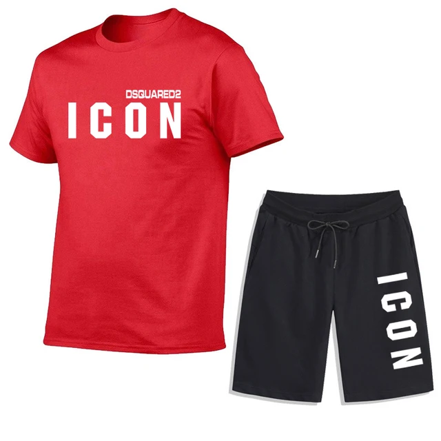 Summer Mens T-shirt + Shorts Suits Casual T Shirts Sport Set Simple Letter Printed Short Sleeve Top Cotton Tracksuits Streetwear Red