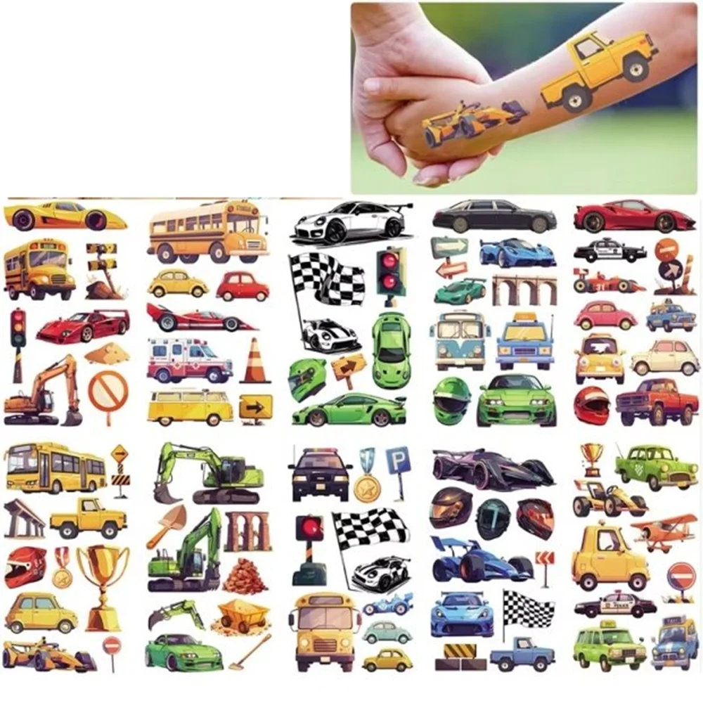 10Pcs/set Cartoon Car Temporary Tattoo Stickers Cute School Bus Excavator Waterproof Tattoo For Funny Birthday Gift