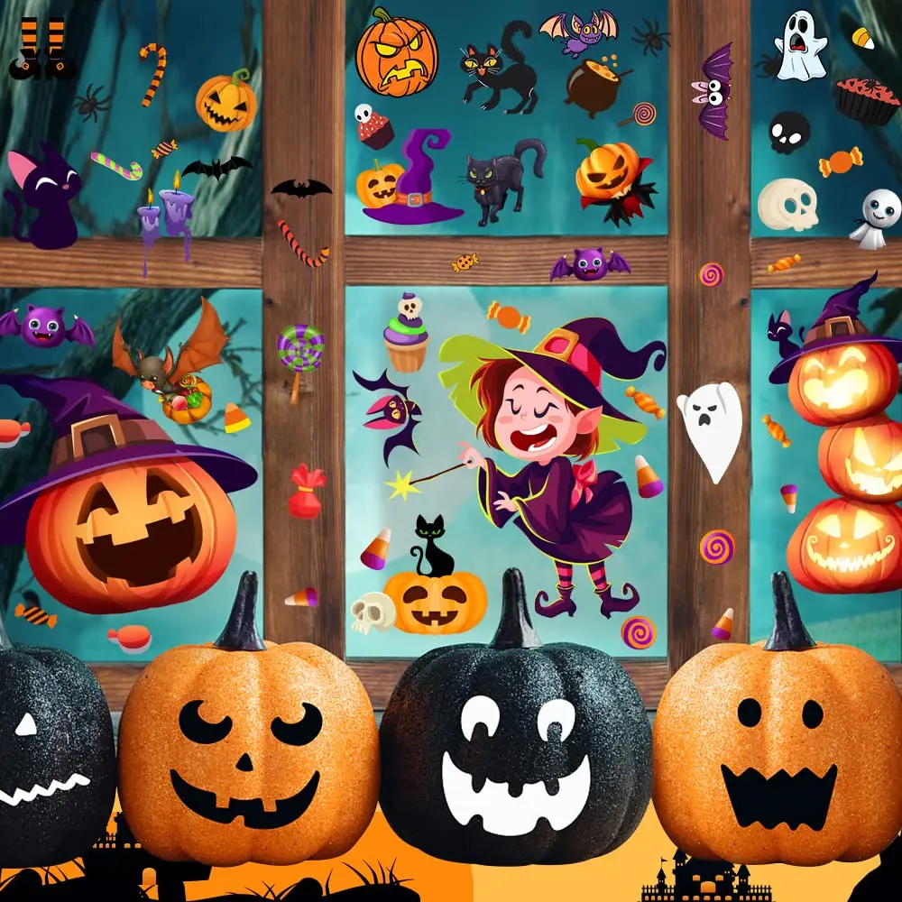 Halloween Window Clings Cute Pumpkin Human Skull Glass Decals For Kids Happy Halloween Party Decorations Window Stickers