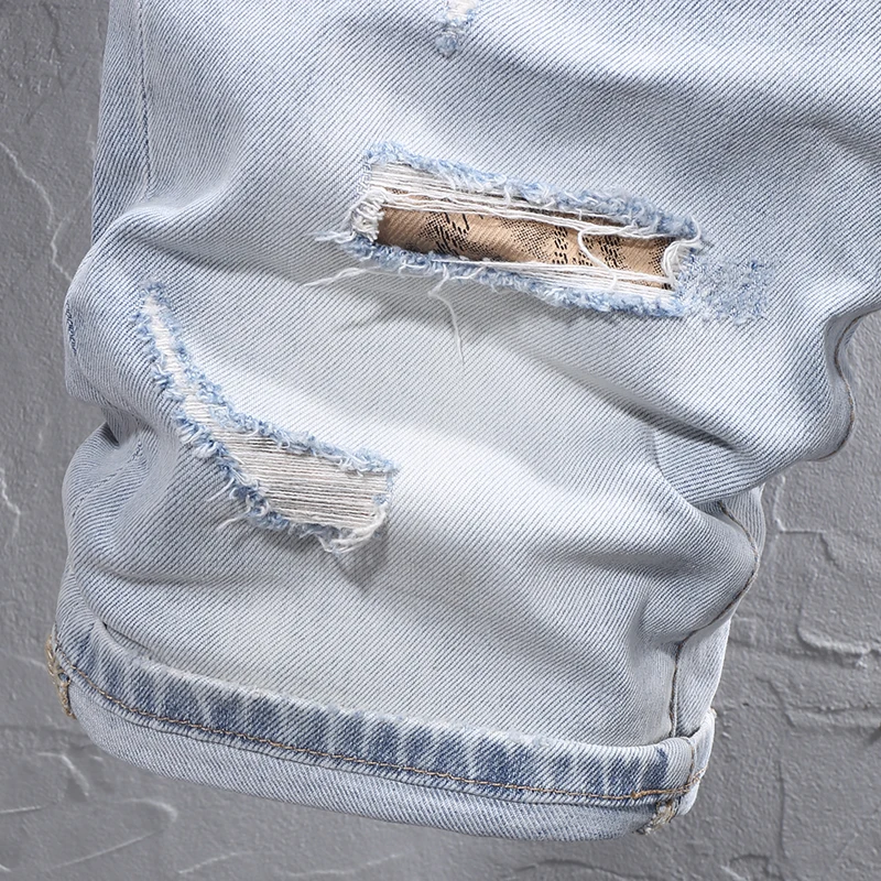 Summer Fashion Designer Short Jeans Men Retro Light Blue Stretch Slim Fit Ripped Jeans Patched Vintage Casual Denim Shorts Men