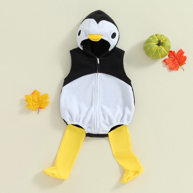 2024-05-27 Lioraitiin Baby Penguin Costume Fleece Sleeveless Zip-Up Hooded Romper Knee High Socks 2 Piece Set for Girls Boys 3