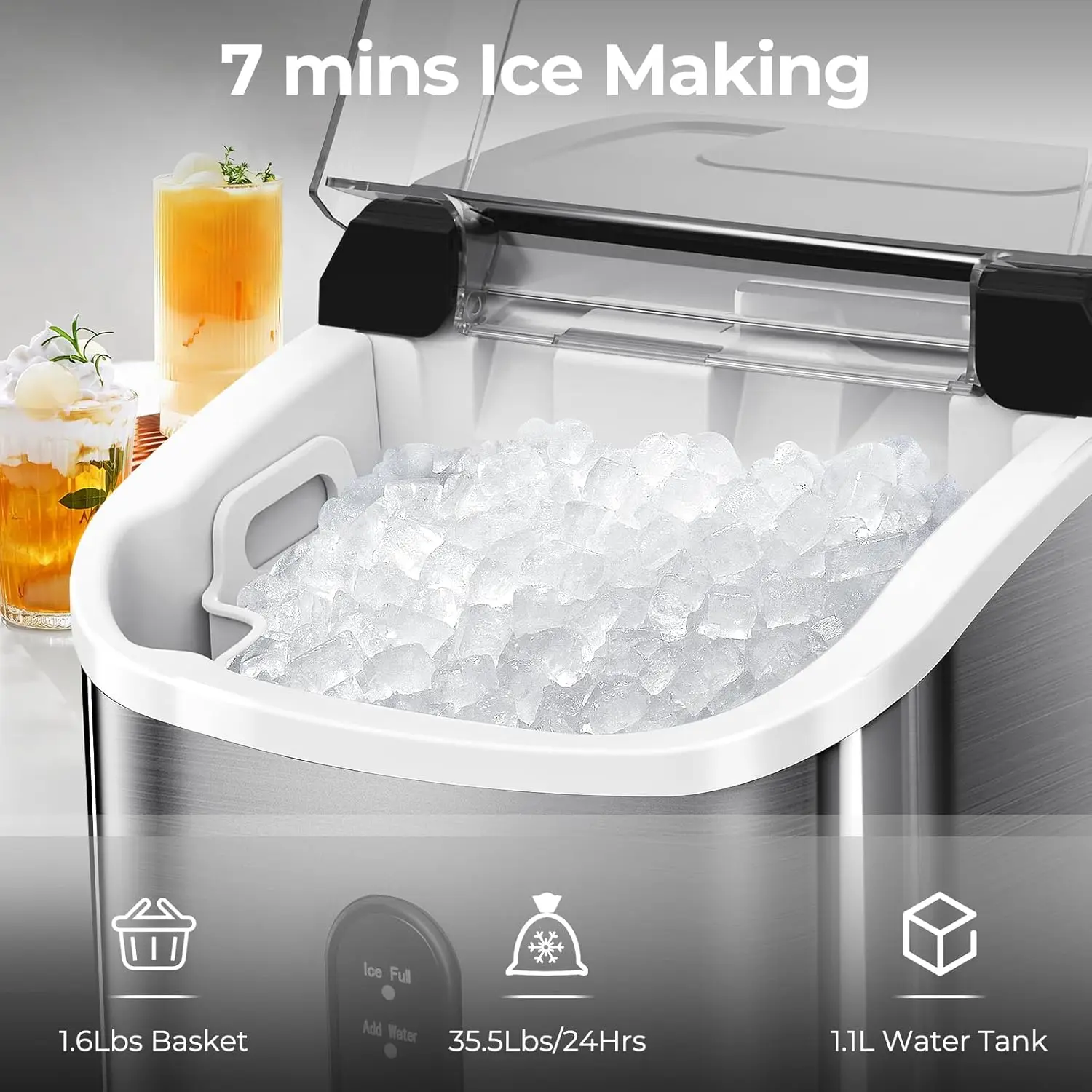 Ice Makers Countertop with Soft Chewable Pellet Ice, 7 Mins Ice Making, 35.5Lbs/24Hrs, Pebble Maker Machine with Self-Cleani