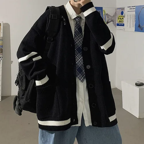 남성용 가을 및 겨울 카디건 스웨터, 홍콩 바람 느슨한 게으른 바람 브이넥 스웨터, 한국 버전 트렌드 모든 것 2