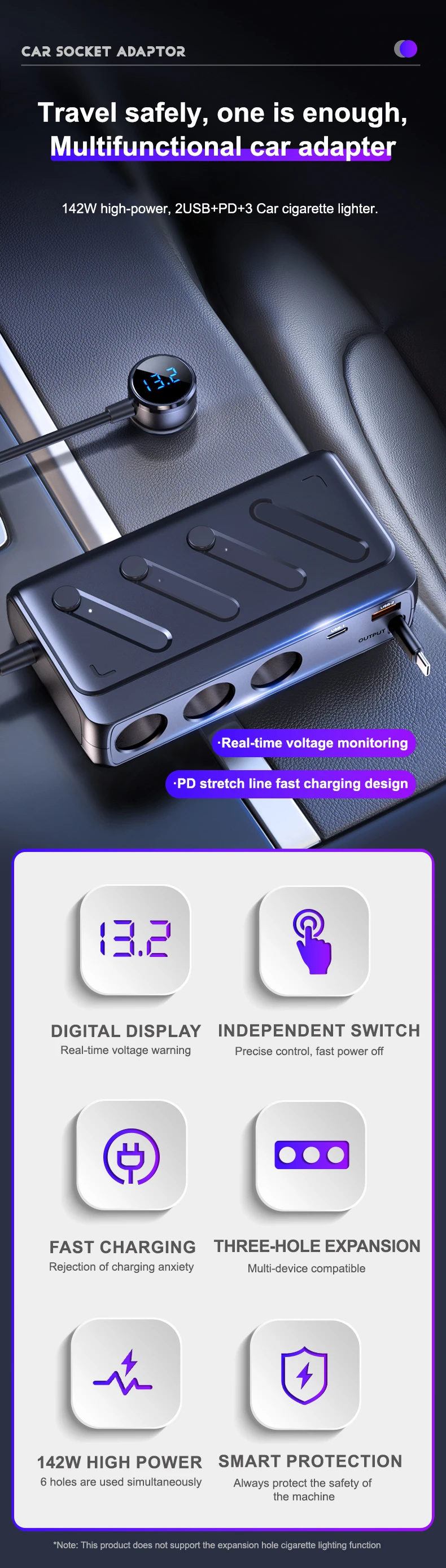 142W Car Charger Adapter Cigarette Lighter Adapter 6 in 1 Cigarette Lighter Spl