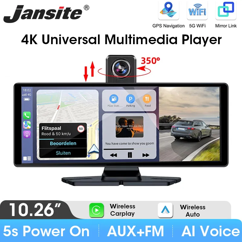 10.26 Inch Car DVR 4K Camera 350 Degrees Rotating Lens Wireless Carplay Android Auto Screen Dashboard Video Recorder Navigation
