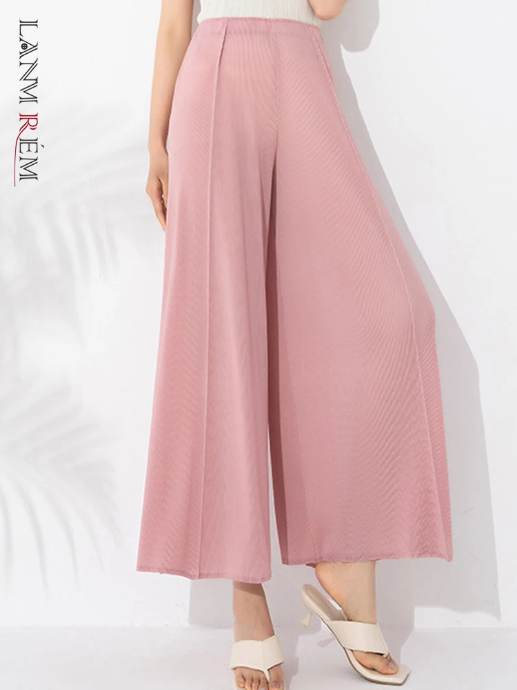 

LANMREM повседневные плиссированные брюки для женщин с высокой эластичной талией однотонные прямые широкие брюки женская одежда 2023 2YA3760