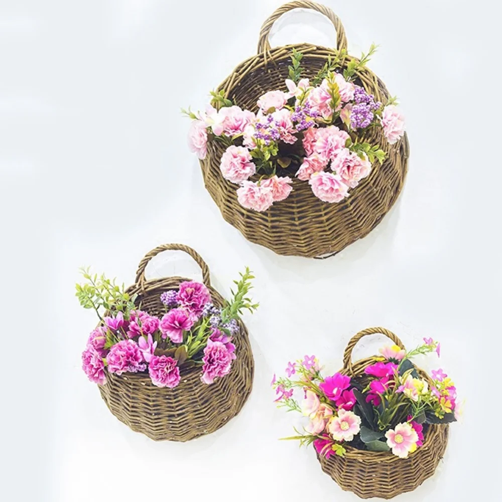 Hand Made Wicker Rattan Flower Planter Wall Hanging Wicker Rattam Basket Garden Vine Pot Plants Holder Garden Pots Wall Planter