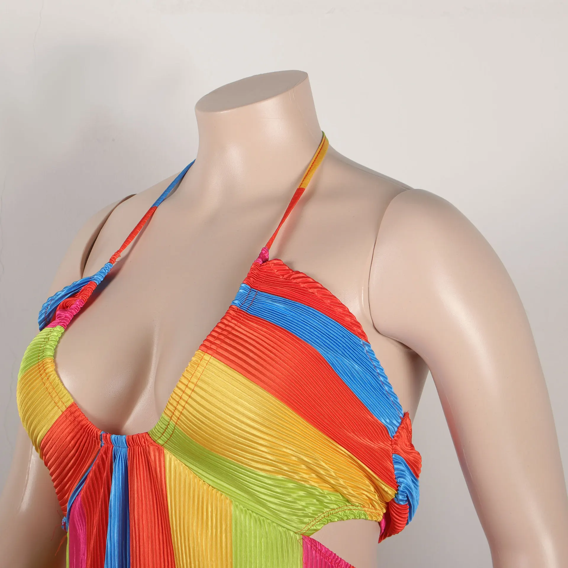 Plus Size Rainbow Print Dress Women Halter Loose Elegant Pretty Cloth Female Casual Long Robe New In 2023 Summer Party Dress