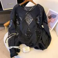 Woman Hollow Knitted Sweater Sequins Solid Glitter Knitting Blouse Long Sleeve Pullover Blouses Female Lady Beach Club Outfit - Image 3