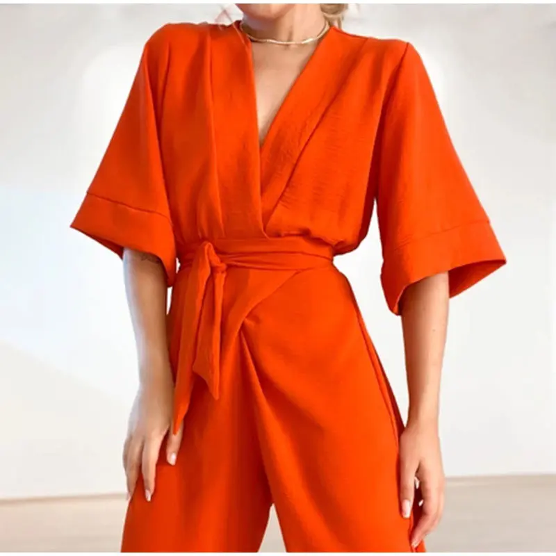 

V-Neck Lace Up Jumpsuits Women Fashion Solid Short Sleeve Jumpsuit 2023 Spring Elegant Casual Female One-piece Clothes Bodysuit