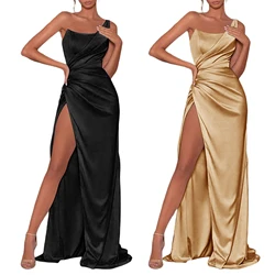 Vestido de fiesta de noche para mujer, Vestido largo de un hombro, Color sólido, cintura alta, abertura alta, fregado
