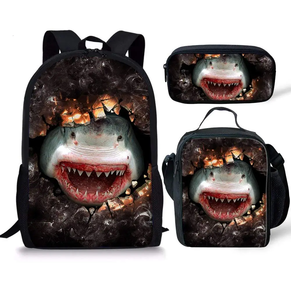 Shark Design 3Pcs School Bags Set for Teen Boys Girls Schoolbag Casual Backpack for Students Bookbag Large Capacity Backpack