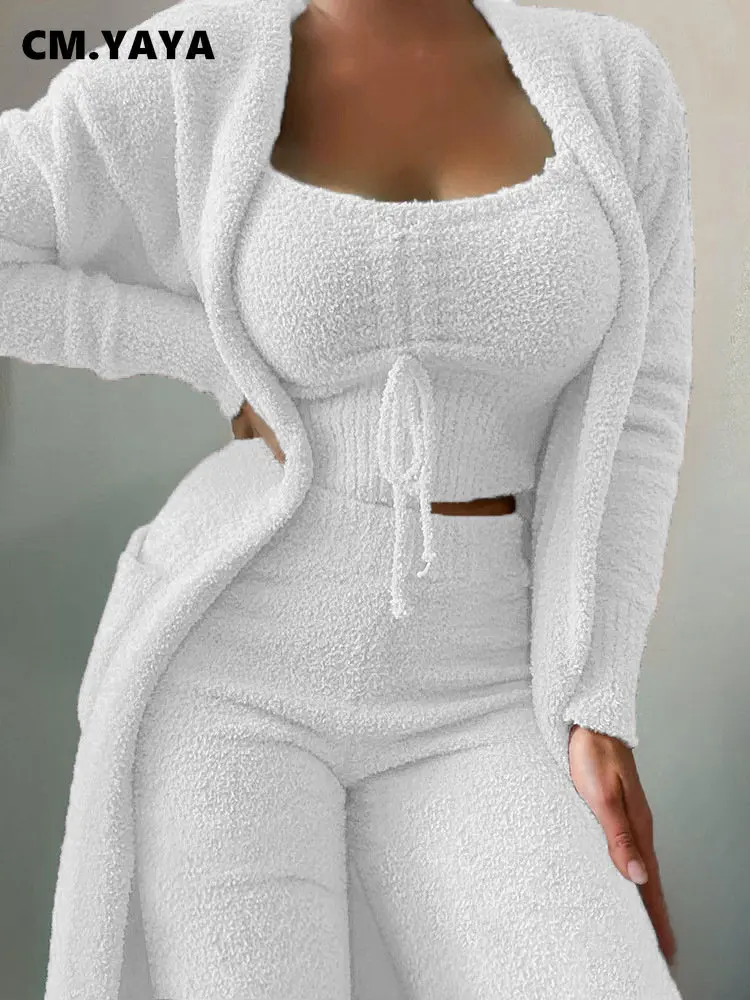 CM.YAYA 3-Piece Women Sets Plush Velvet Pajama Sleepwear Tank Tops + Pants + Cardigan Coat Tracksuit Loungewear Causal Outfits 6