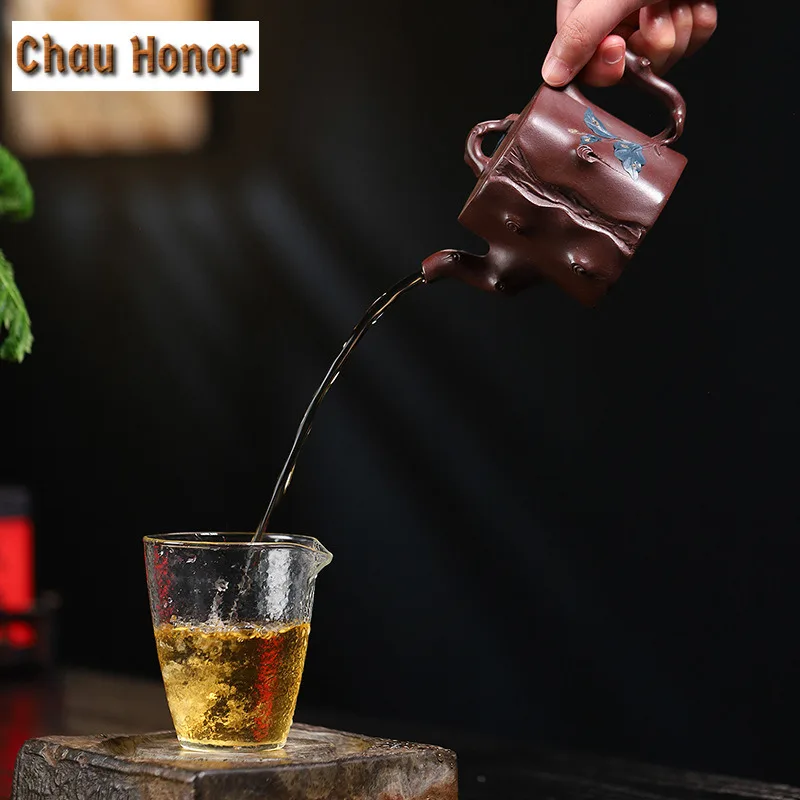 250ml Luxury Yixing Purple Clay Teapots Handmade Stump Pot Raw Ore Purple Mud Tea Maker Kettle With Strainer Zisha Tea Set Gifts