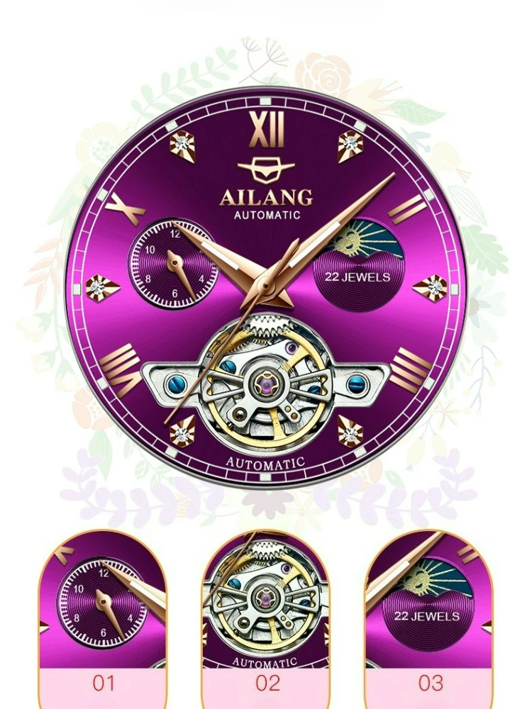 AILANG Tourbillon Automatikuhr für Damen, leuchtende, wasserdichte Skelett-Mechanische Armbanduhr, modische, elegante Uhr als Geschenk – Detail 9