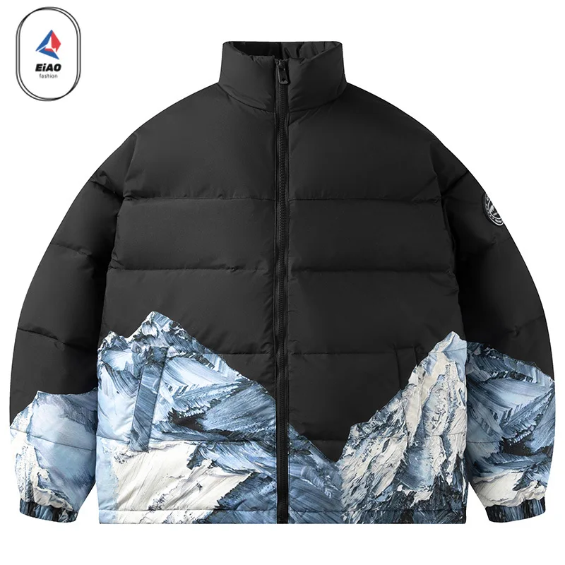 EIAO Trendy Down Jacket Men 2026 Winter Designer Snow Peak Pattern White Duck Down Warm Coat Casual Stand Collar Windproof Parka