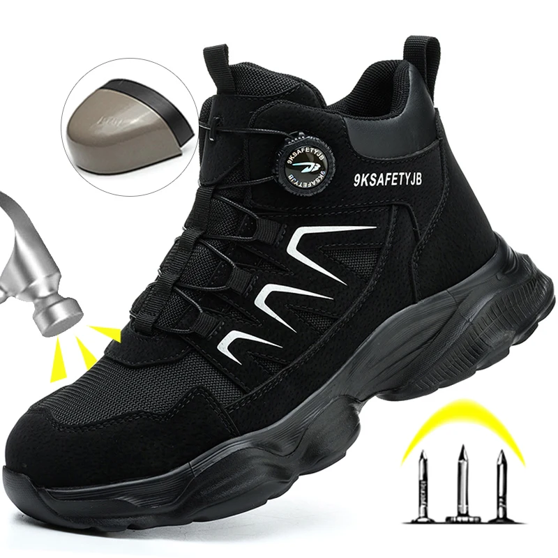 Botas de seguridad con botón giratorio, zapatos de trabajo de seguridad con punta de acero para hombre, botas de trabajo antideslizantes ligeras, zapatillas de deporte para hombre