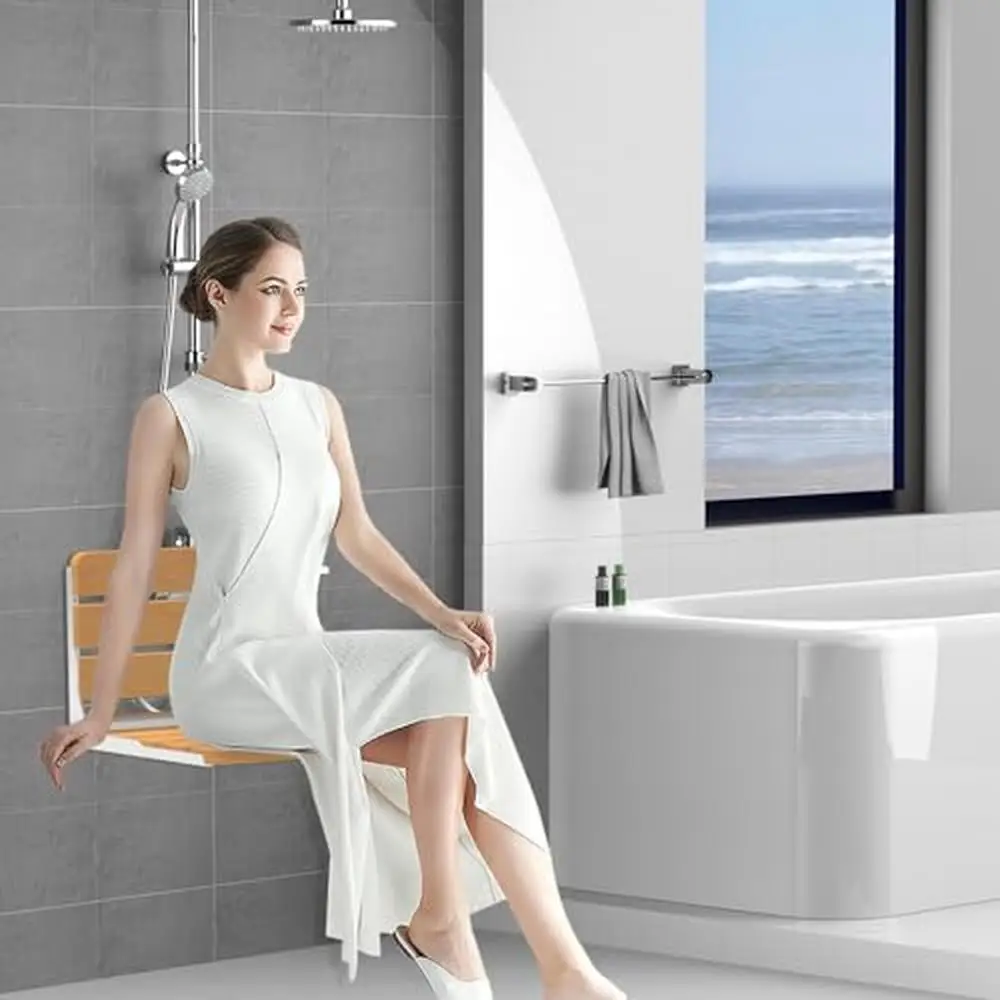 Teak Wood Wall Mounted Folding Shower Seat Non-Slip Moisture-Proof Compact Design 440lbs Capacity Ideal Bathroom Hotel Nursing 5