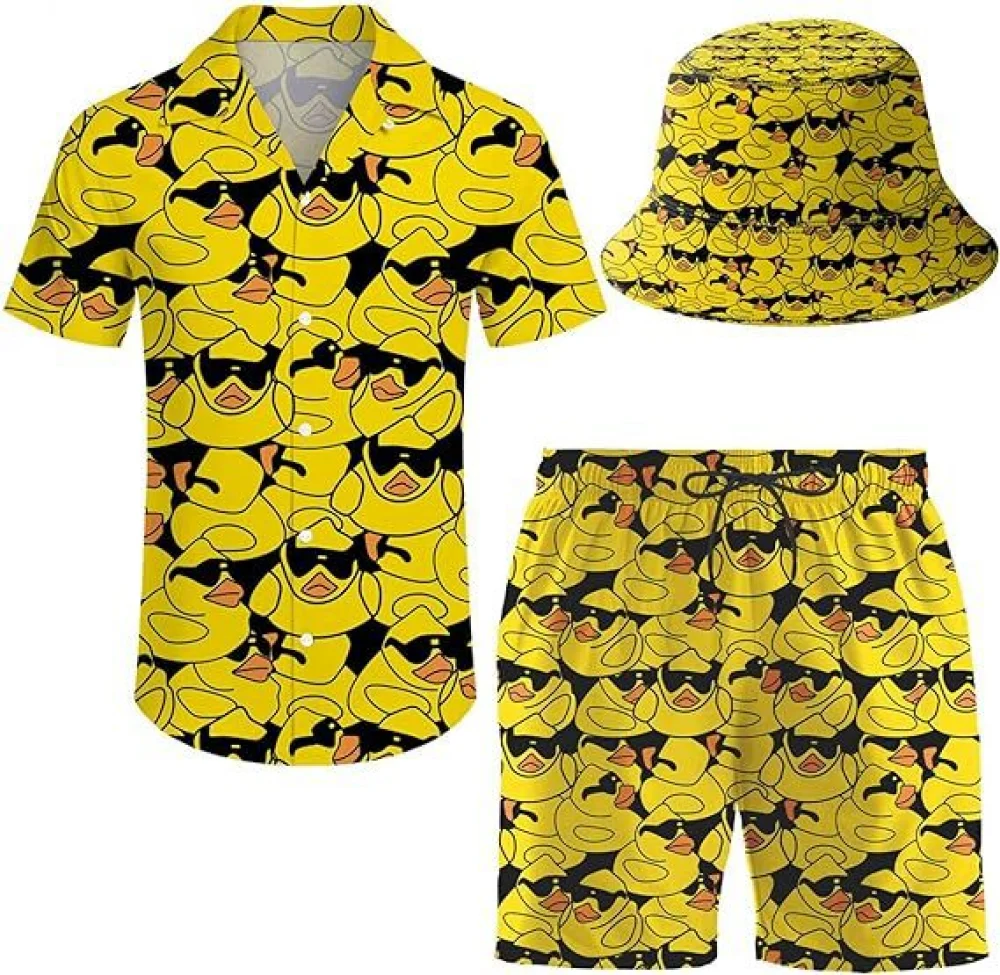 thumbnail image 1 of Conjunto de 2 piezas para hombre, estilo años 80 y 90, camisas y pantalones cortos retro con sombrero, chándal hawaiano para playa, fiesta disco, 1 of 5