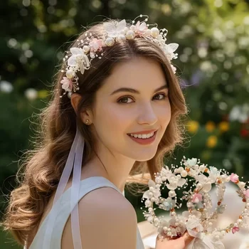 Accessorio per Matrimonio, Corona da Sposa, Gioiello per Capelli in Cristallo, Tiara con Perle e Fiori, Fascia Floreale con Perle per Sposa